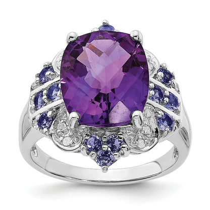 Sterling Silver Rhodium Plated Amethyst, Tanzanite & Diamond Ring (Size 5 Only)