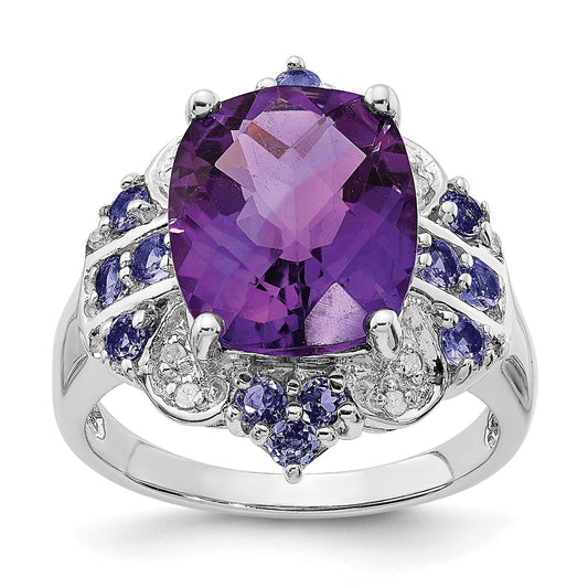 Sterling Silver Rhodium Plated Amethyst, Tanzanite & Diamond Ring (Size 5 Only)