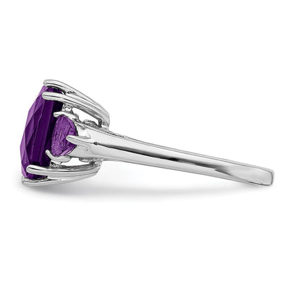 Sterling Silver Rhodium Plated Checker Cut Amethyst Ring
