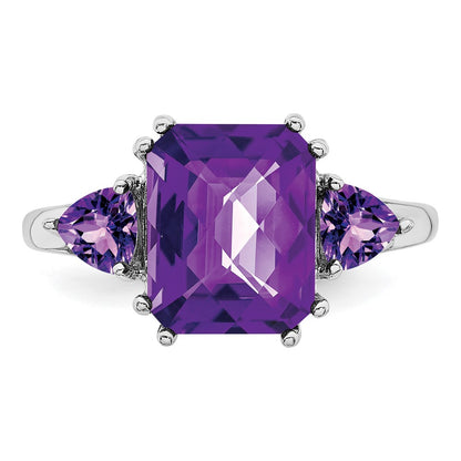Sterling Silver Rhodium Plated Checker Cut Amethyst Ring