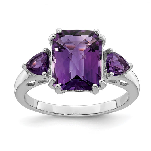 Sterling Silver Rhodium Plated Checker Cut Amethyst Ring