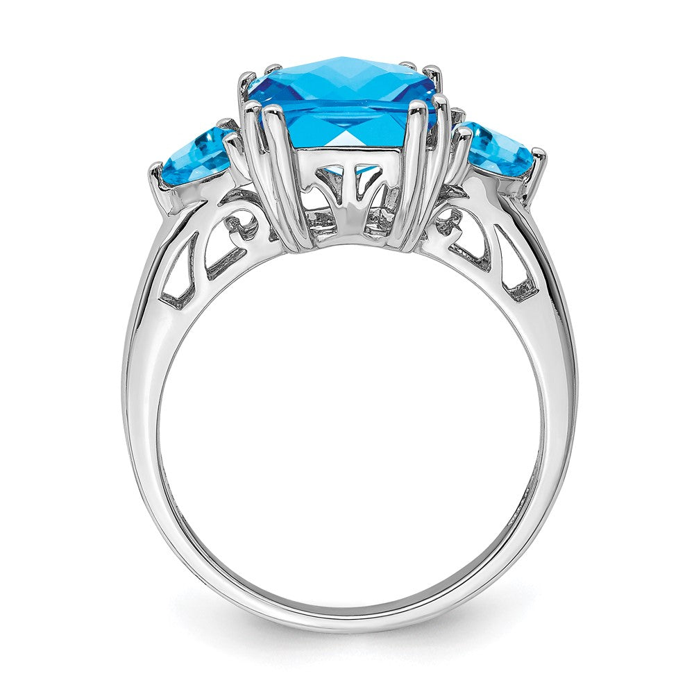 Sterling Silver Rhodium Checker Cut Blue Topaz Ring