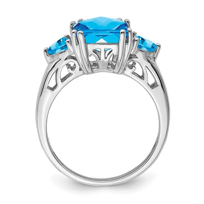 Sterling Silver Rhodium Checker Cut Blue Topaz Ring