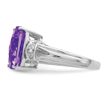 Sterling Silver Rhodium Octagonal Checker Cut Amethyst & Diamond Ring
