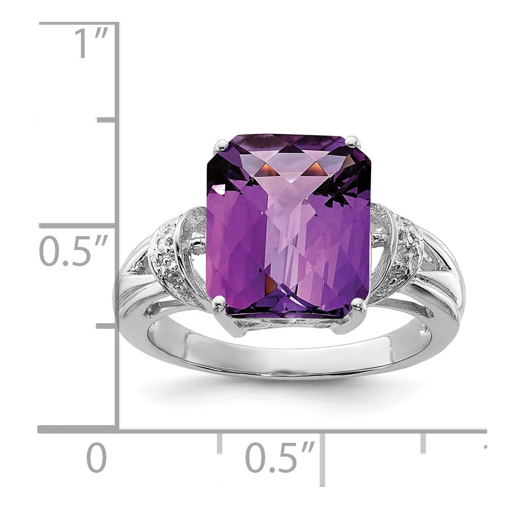 Sterling Silver Rhodium Octagonal Checker Cut Amethyst & Diamond Ring