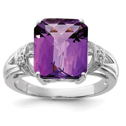 Sterling Silver Rhodium Octagonal Checker Cut Amethyst & Diamond Ring