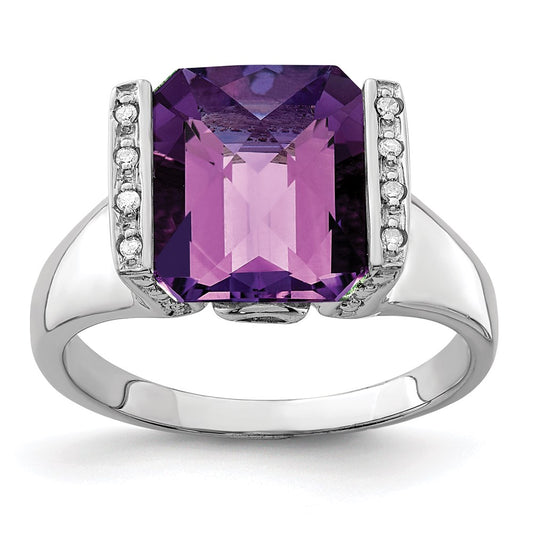 Sterling Silver Rhodium Plated Checker Cut Amethyst & Diamond Ring