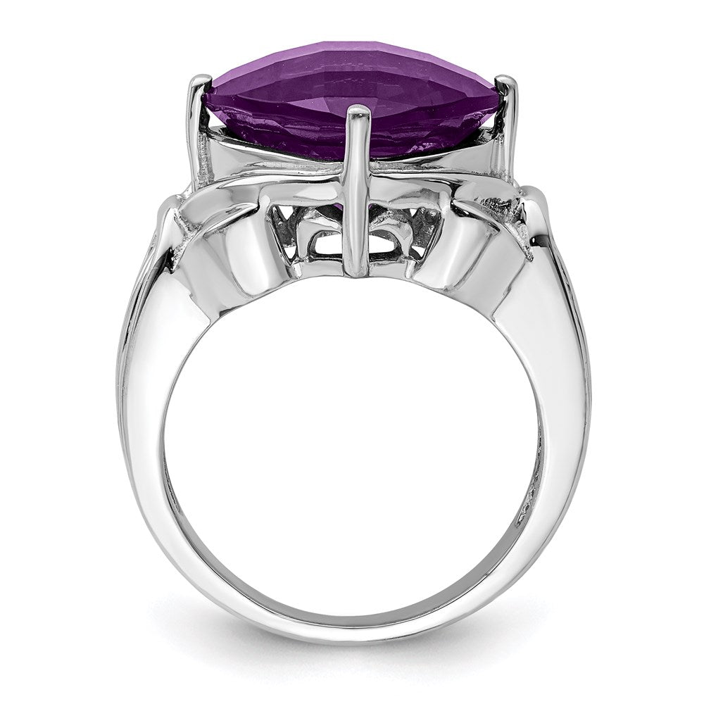 Sterling Silver Rhodium Plated Checker Cut Amethyst Ring