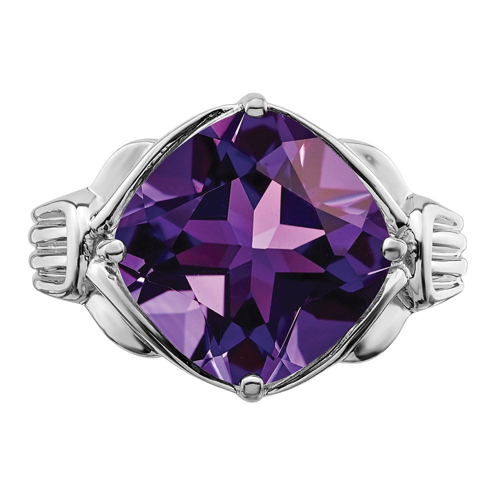 Sterling Silver Rhodium Plated Checker Cut Amethyst Ring
