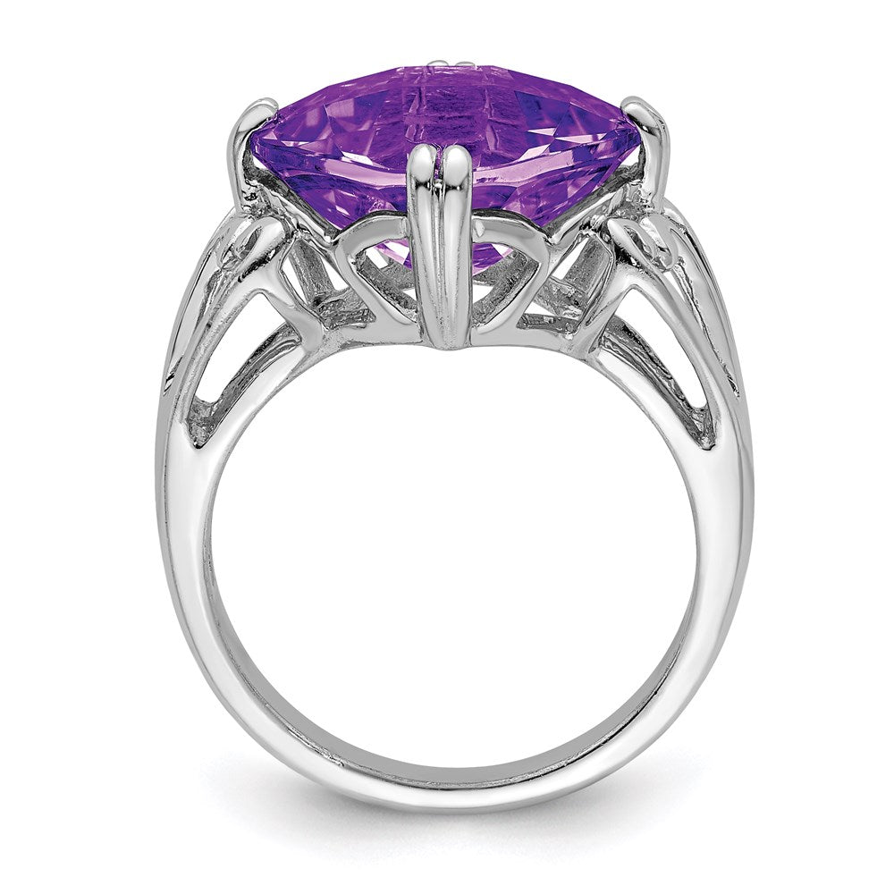 Sterling Silver Rhodium Plated Checker Cut Amethyst Ring