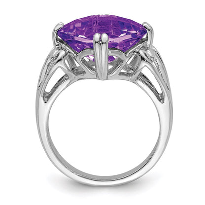 Sterling Silver Rhodium Plated Checker Cut Amethyst Ring