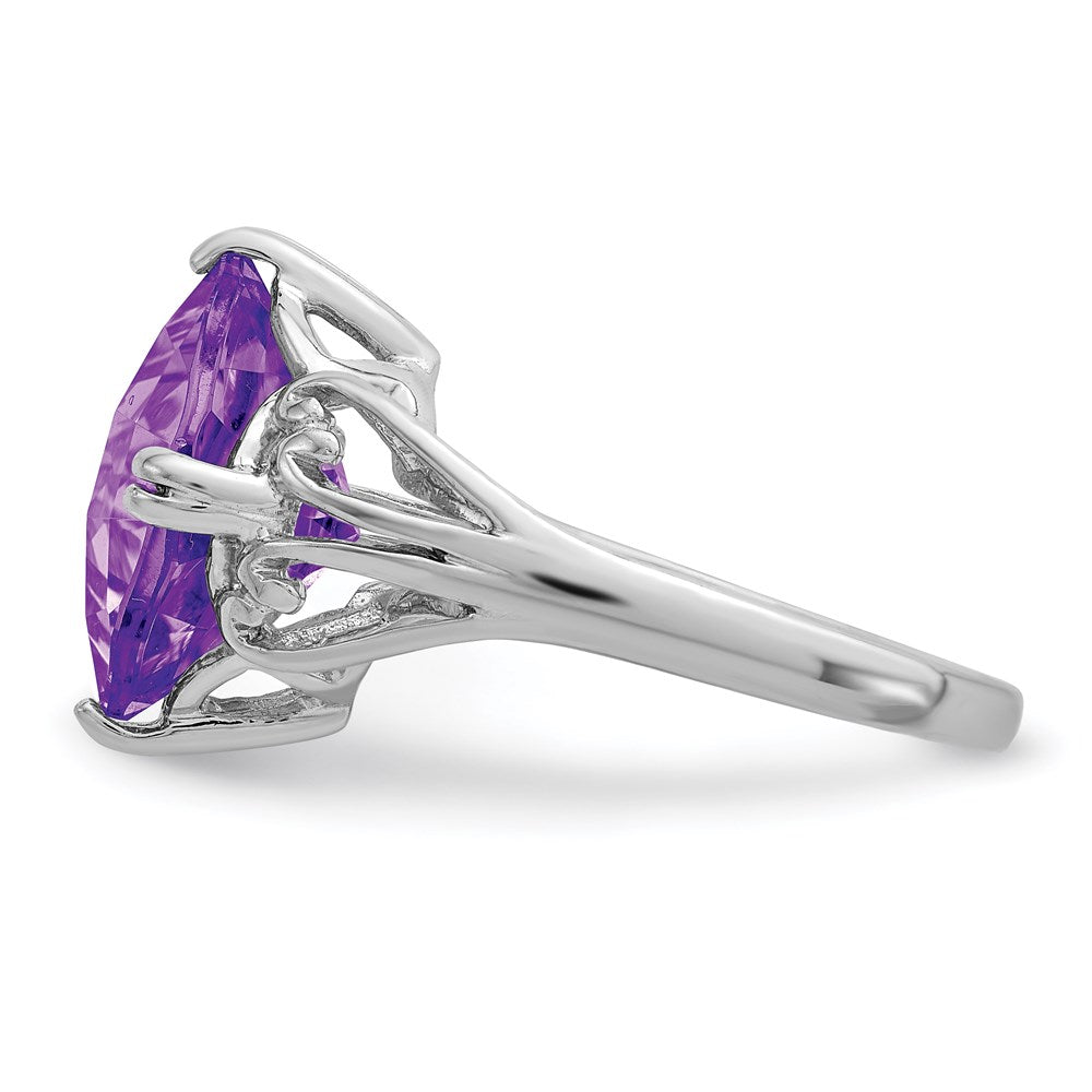 Sterling Silver Rhodium Plated Checker Cut Amethyst Ring