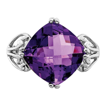Sterling Silver Rhodium Plated Checker Cut Amethyst Ring