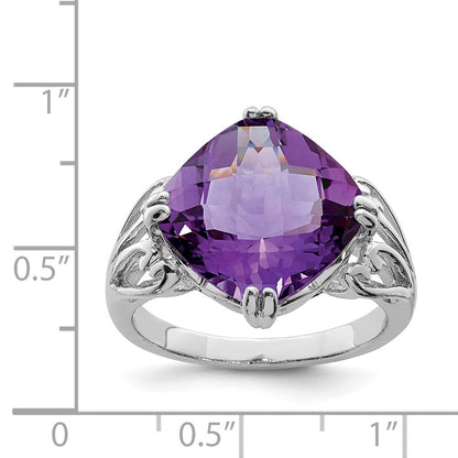 Sterling Silver Rhodium Plated Checker Cut Amethyst Ring
