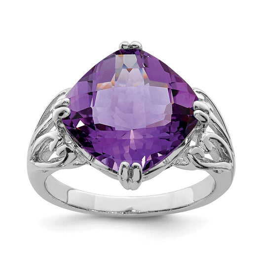 Sterling Silver Rhodium Plated Checker Cut Amethyst Ring