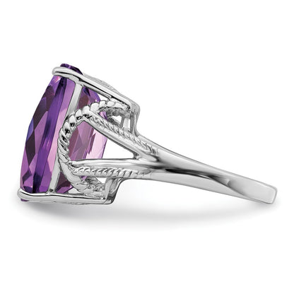 Sterling Silver Rhodium Plated Octagonal Checker Cut Amethyst Ring
