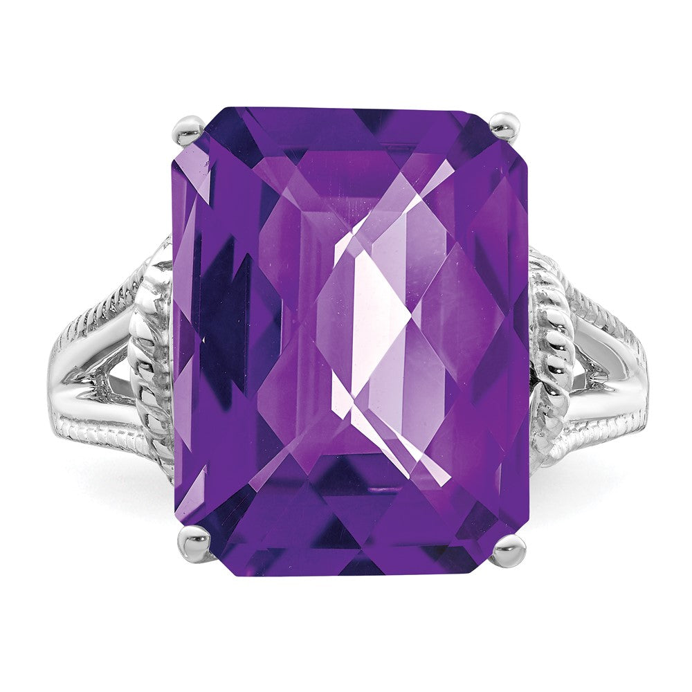 Sterling Silver Rhodium Plated Octagonal Checker Cut Amethyst Ring