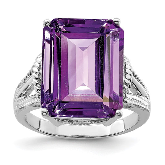 Sterling Silver Rhodium Plated Octagonal Checker Cut Amethyst Ring