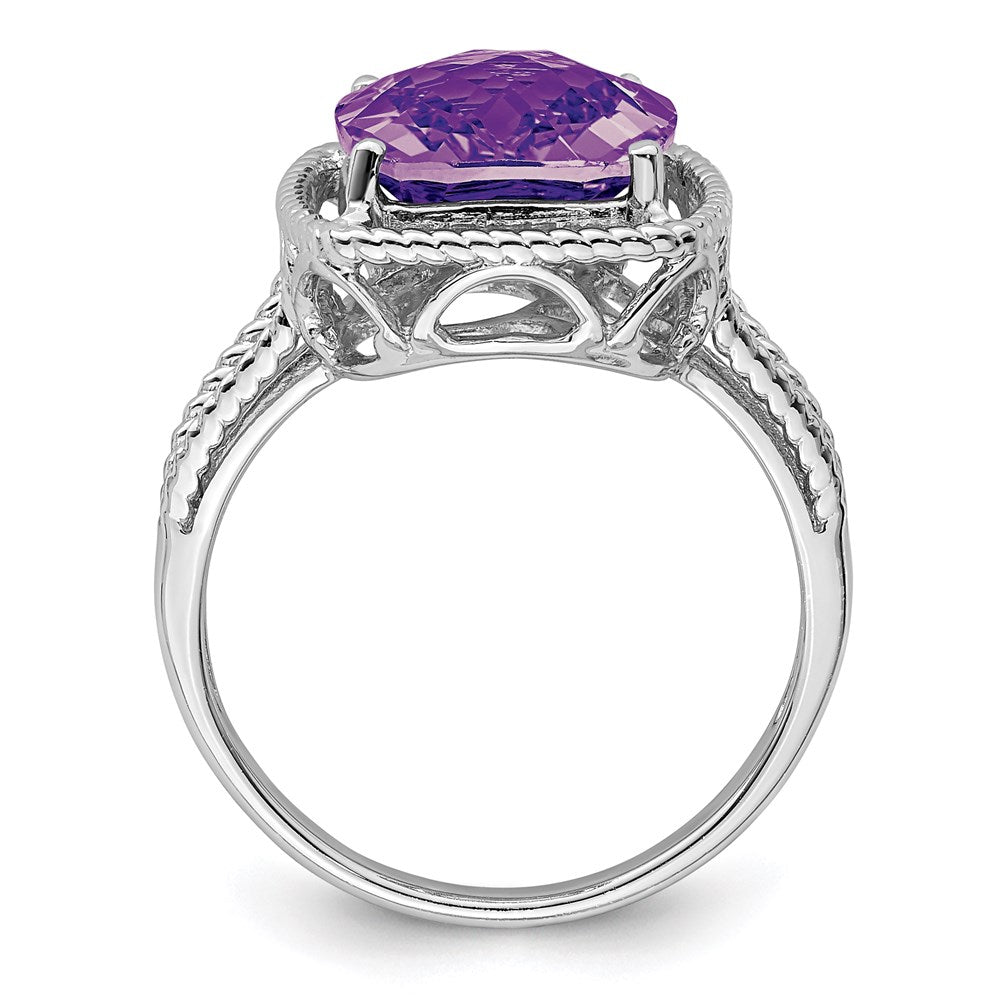 Sterling Silver Rhodium Plated Checker Cut Amethyst Ring