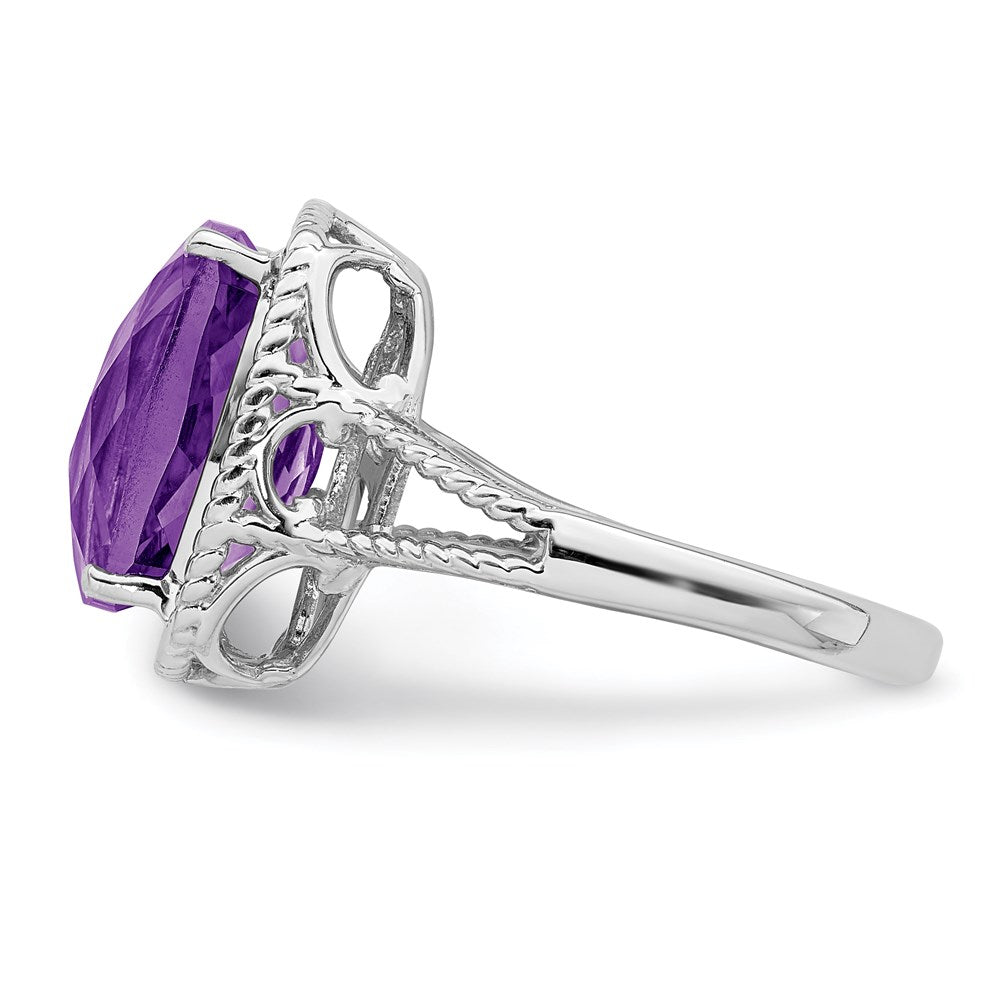 Sterling Silver Rhodium Plated Checker Cut Amethyst Ring