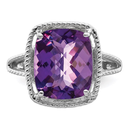 Sterling Silver Rhodium Plated Checker Cut Amethyst Ring