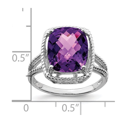 Sterling Silver Rhodium Plated Checker Cut Amethyst Ring
