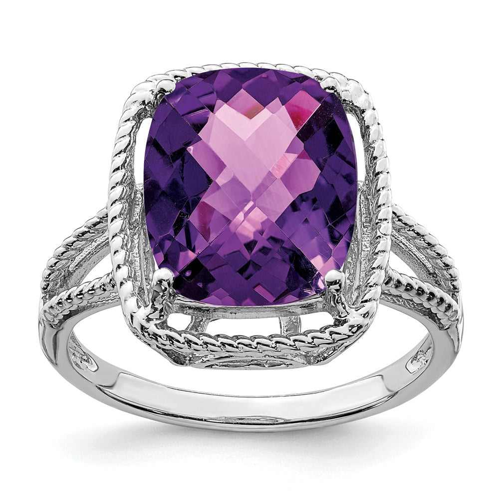 Sterling Silver Rhodium Plated Checker Cut Amethyst Ring