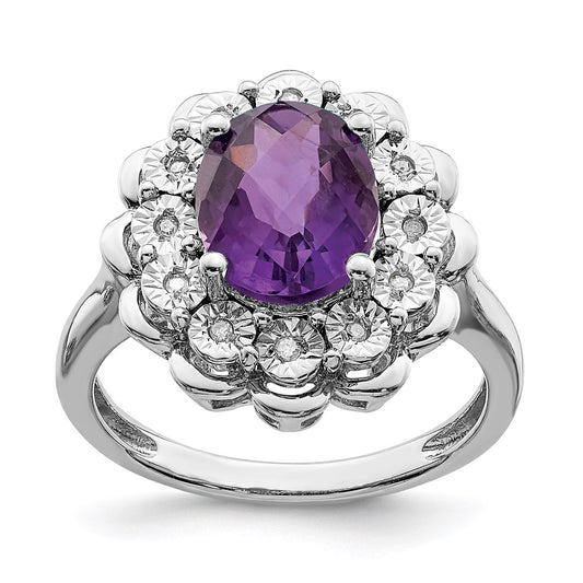 Sterling Silver Rhodium Plated Diamond & Checker Cut Amethyst Ring