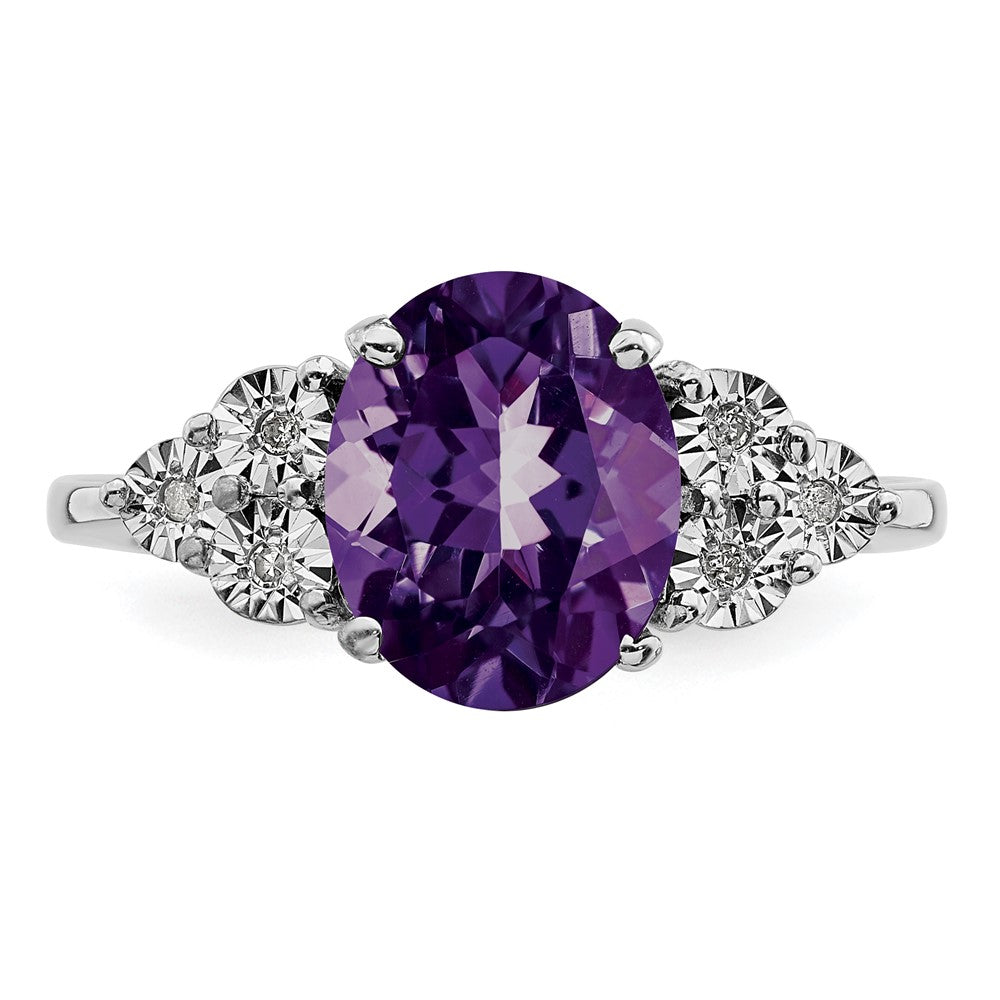 Sterling Silver Rhodium Plated Diamond & Amethyst Ring