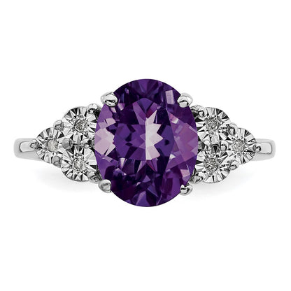 Sterling Silver Rhodium Plated Diamond & Amethyst Ring