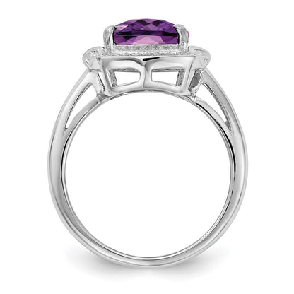 Sterling Silver Rhodium Plated Diamond & Checker Cut Amethyst Ring