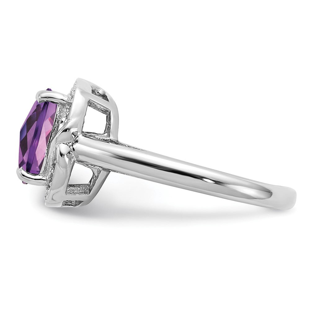 Sterling Silver Rhodium Plated Diamond & Checker Cut Amethyst Ring