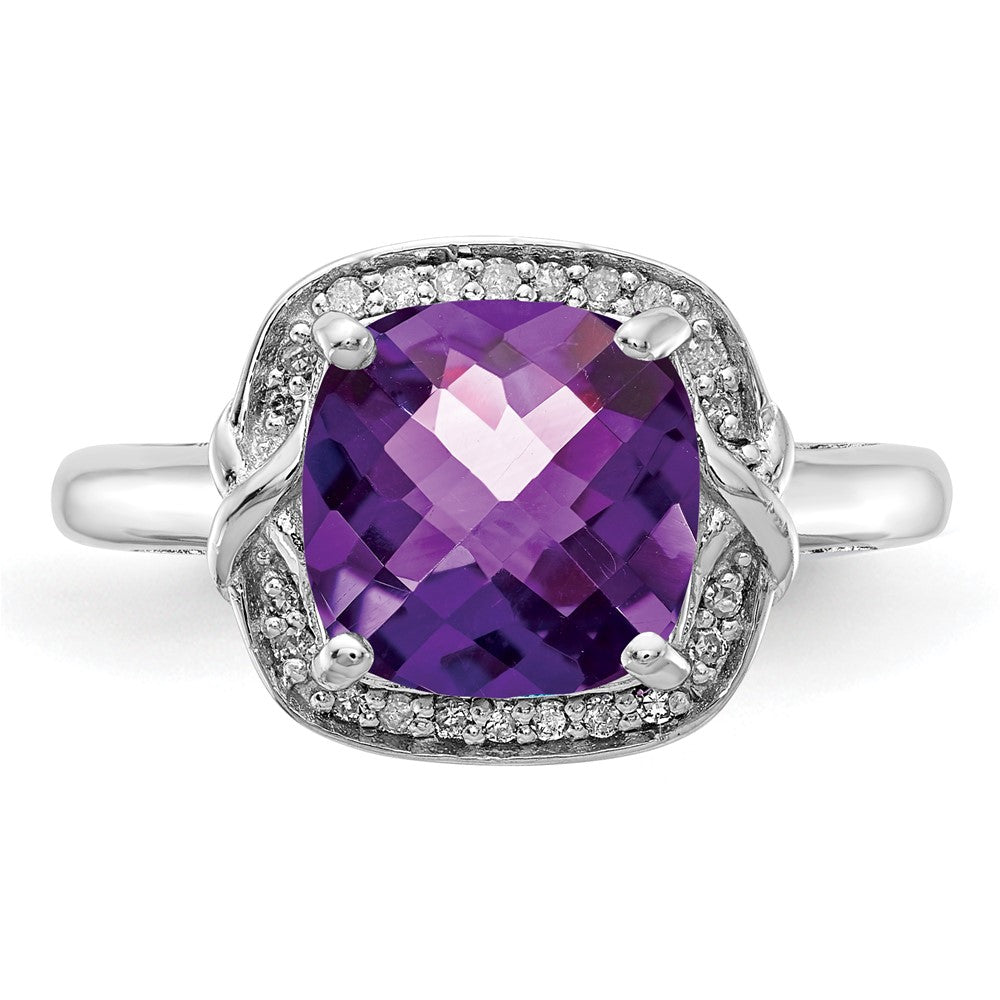 Sterling Silver Rhodium Plated Diamond & Checker Cut Amethyst Ring