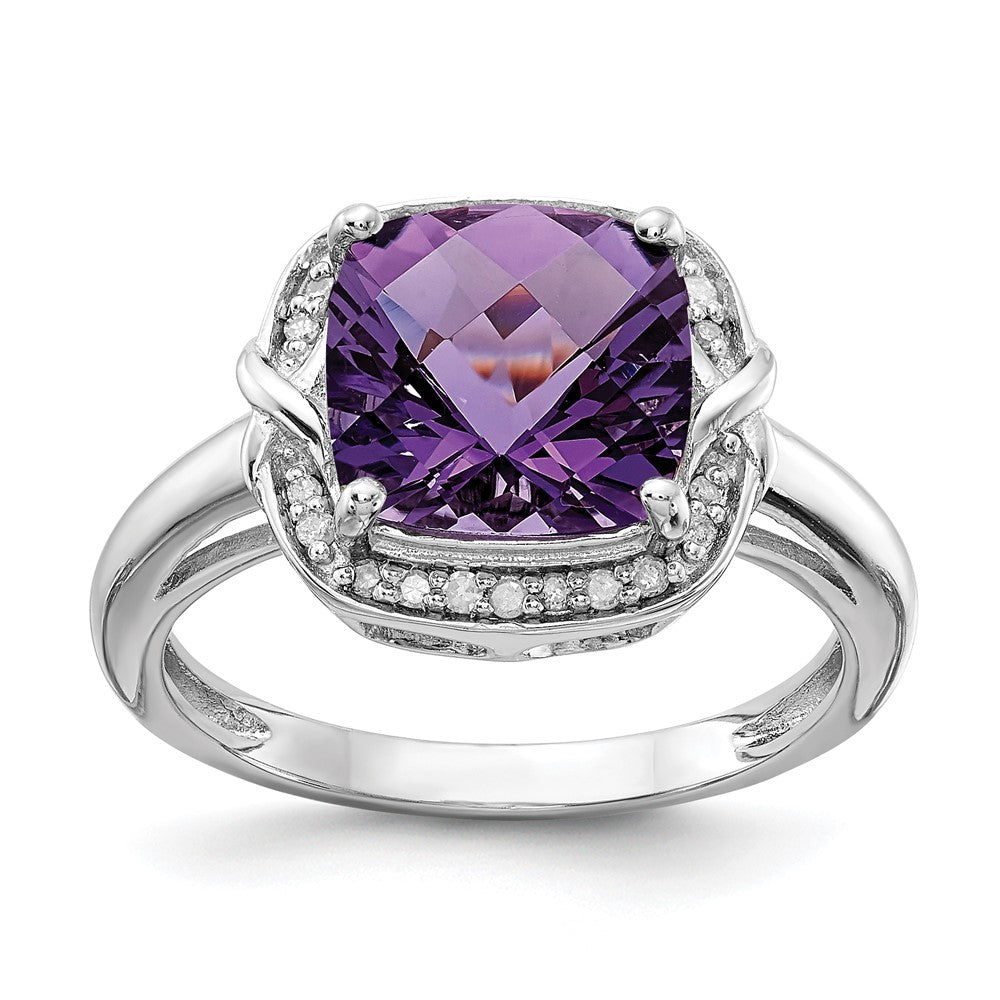 Sterling Silver Rhodium Plated Diamond & Checker Cut Amethyst Ring