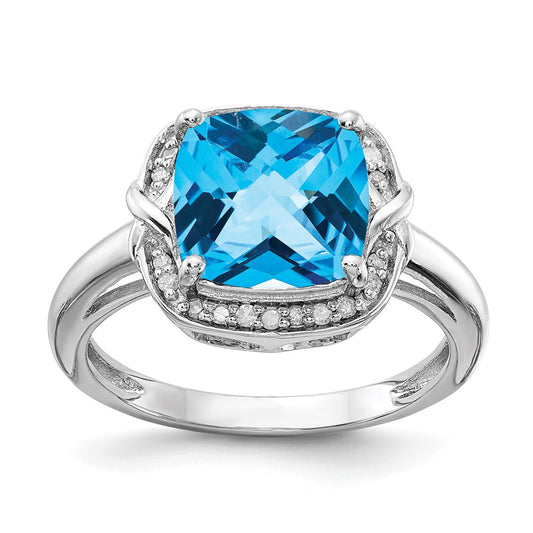 Sterling Silver Rhodium Diamond & Checker Cut Blue Topaz Ring