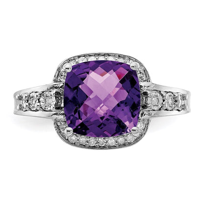 Sterling Silver Rhodium Plated Diamond & Checker Cut Amethyst Ring