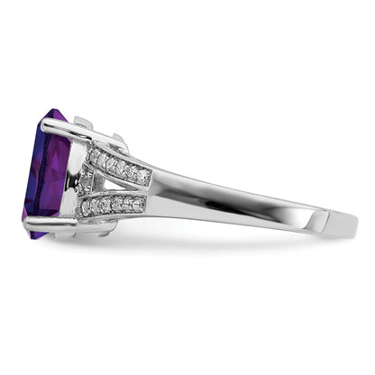 Sterling Silver Rhodium Plated Diamond & Amethyst Ring