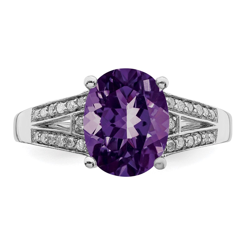 Sterling Silver Rhodium Plated Diamond & Amethyst Ring