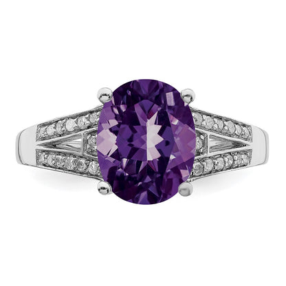 Sterling Silver Rhodium Plated Diamond & Amethyst Ring