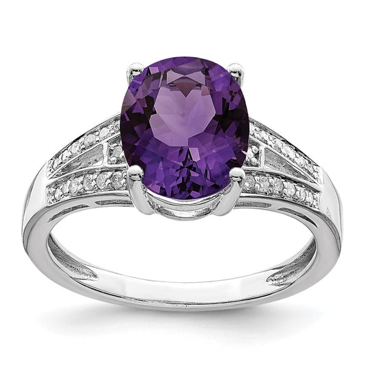 Sterling Silver Rhodium Plated Diamond & Amethyst Ring
