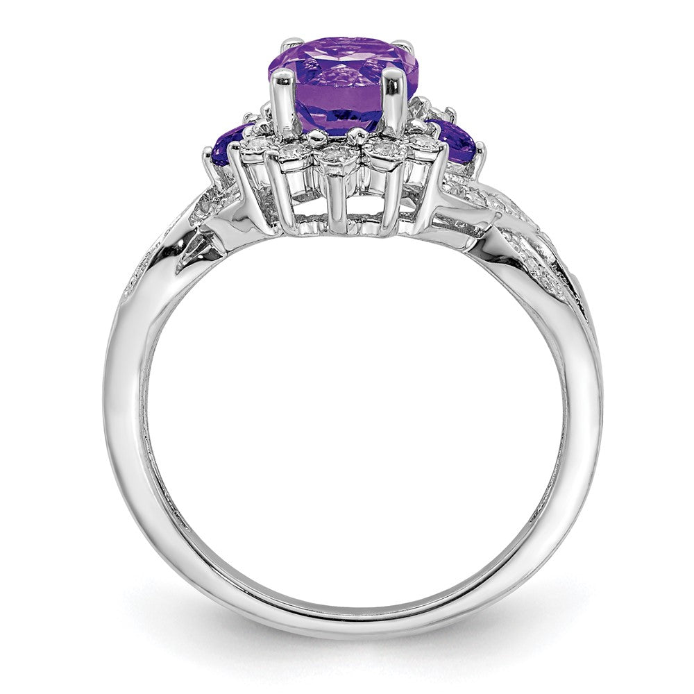 Sterling Silver Rhodium Plated Diamond & Amethyst Ring
