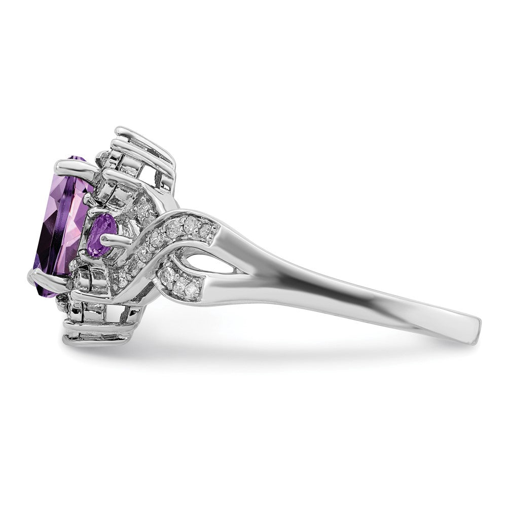 Sterling Silver Rhodium Plated Diamond & Amethyst Ring