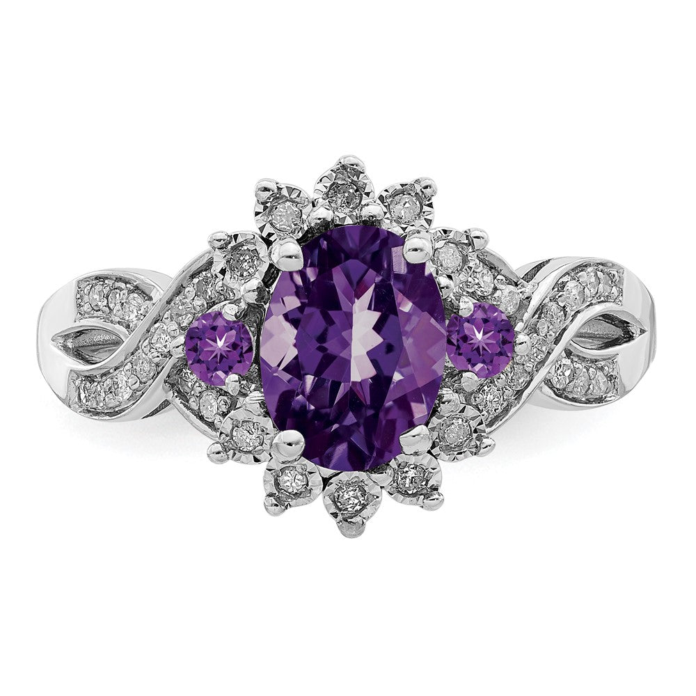 Sterling Silver Rhodium Plated Diamond & Amethyst Ring