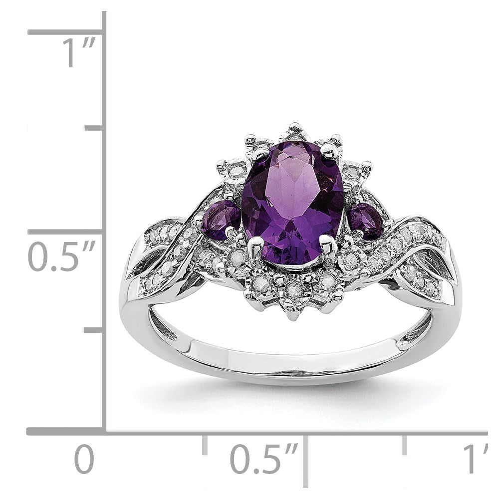 Sterling Silver Rhodium Plated Diamond & Amethyst Ring