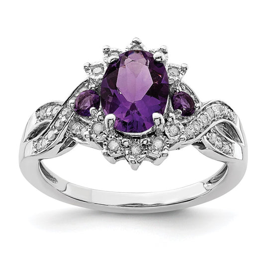 Sterling Silver Rhodium Plated Diamond & Amethyst Ring