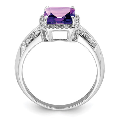 Sterling Silver Rhodium Plated Amethyst & Diamond Ring
