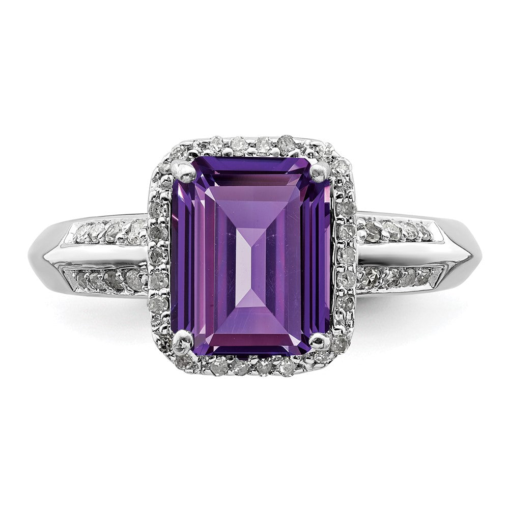 Sterling Silver Rhodium Plated Amethyst & Diamond Ring