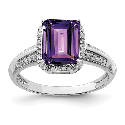 Sterling Silver Rhodium Plated Amethyst & Diamond Ring