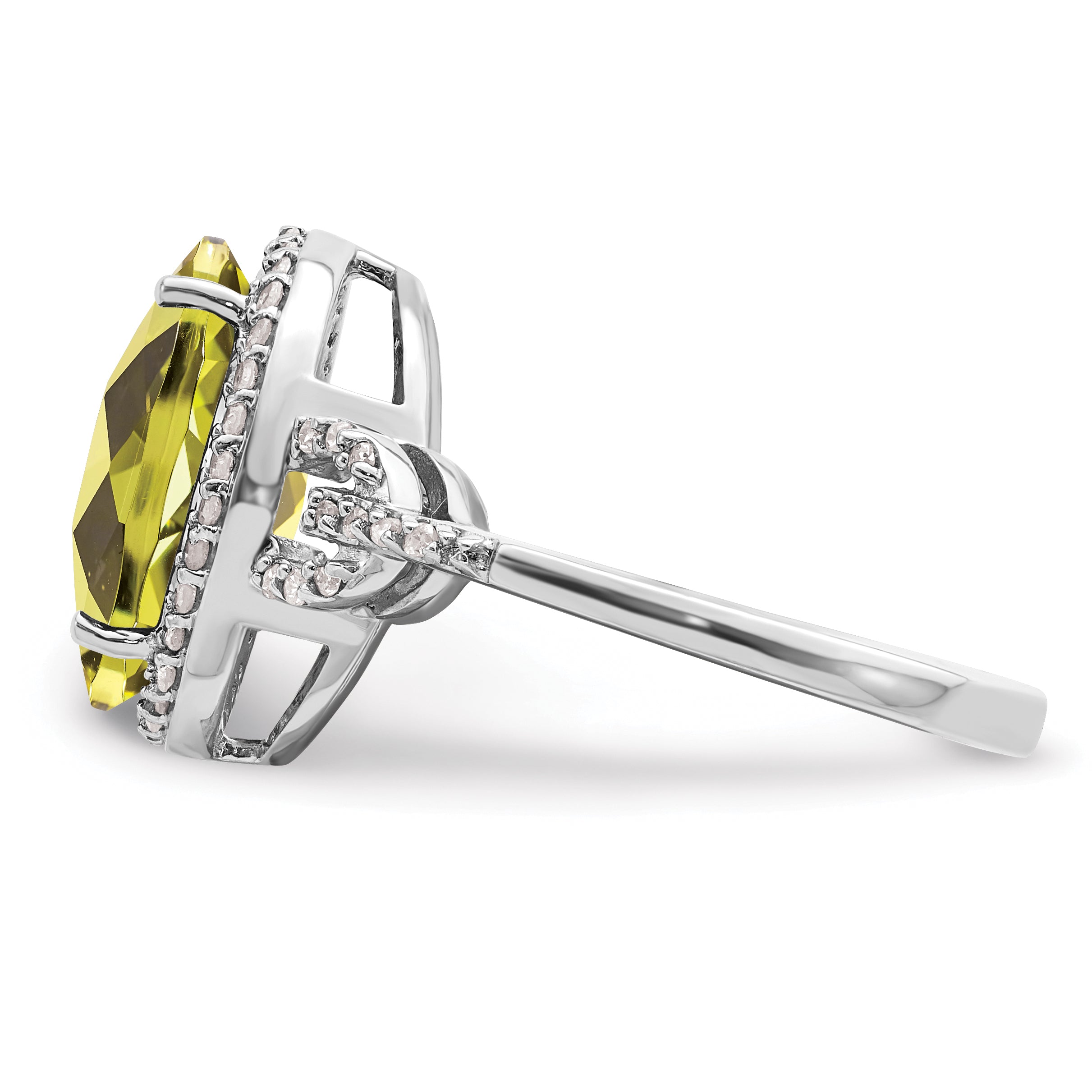 Sterling Silver Rhodium Oval Diamond & Checker Cut Lemon Quartz Ring (Size 7 Only)