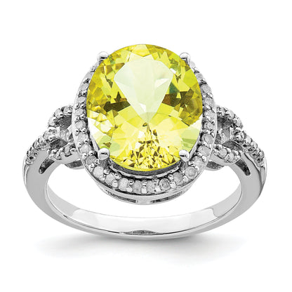 Sterling Silver Rhodium Oval Diamond & Checker Cut Lemon Quartz Ring (Size 7 Only)